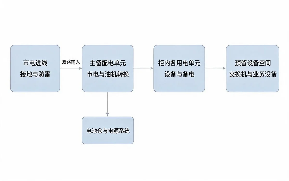 简化供电路径示意：市电进线与接地防雷经双路输入进入主备配电单元（市电与油机转换），再分至柜内各用电单元、电池仓与电源系统以及预留设备空间